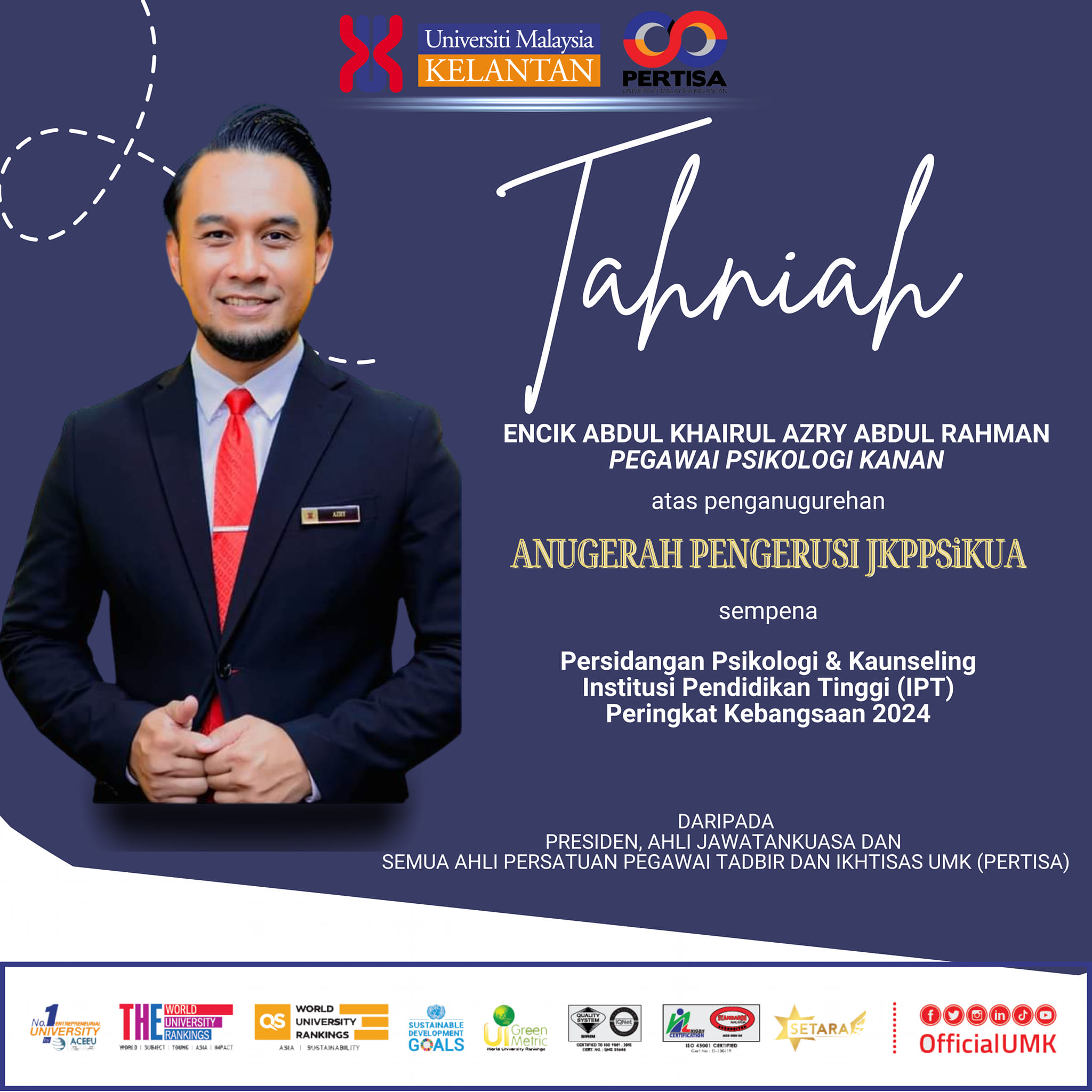 Anugerah Pengerusi JKPPsiKUA sempena Persidangan Psikologi & Kaunseling, Institut Pendidikan Tinggi (IPT), Peringkat Kebangsaan 2024.